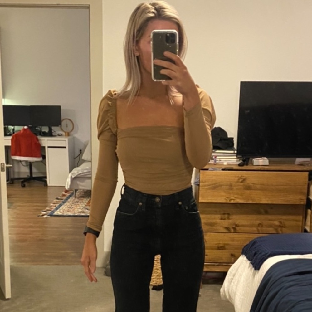 long sleeve rouched square neck tan bodysuit